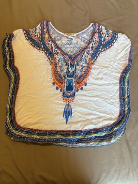 Jealous Tomato White Tunic Top with Blue & Orange Embroidery